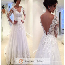 Mexico Sexy Bridal Gown Long Sleeve Applique Tulle Backless A Line Wedding Dress 2017